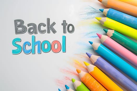 Naive children's drawing with colored chalk on white paper, made by hand by a child, text Back to School. Neural network generated image. Not based on any actual scene or pattern.