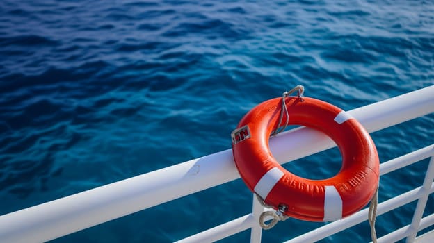 Lifebuoy attached to a ship's white railing, with the clear blue sea in the background. Neural network generated image. Not based on any actual scene or pattern.