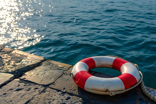 lifebuoy on concrete pier with clear blue sea in the background. Neural network generated image. Not based on any actual scene or pattern.