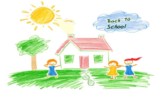 Naive children's drawing with colored chalk on white paper, made by hand by a child, text Back to School. Neural network generated image. Not based on any actual scene or pattern.
