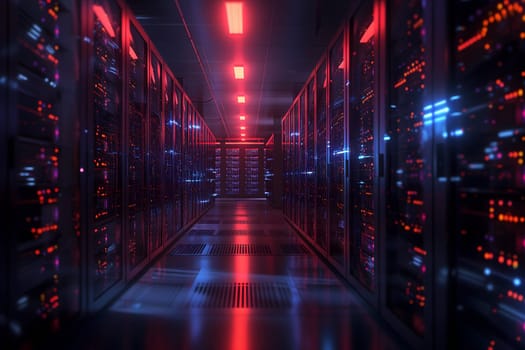 Server room with neon high contrast lighting. Neural network generated image. Not based on any actual scene or pattern.