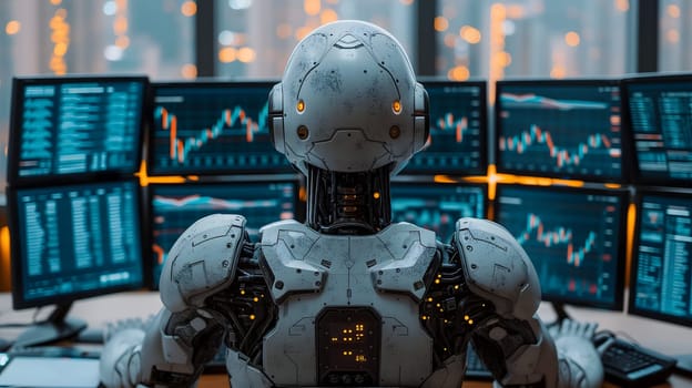 Back view of a financial analyst day trader robot working on computer with many screens that shows real-time stock data. Neural network generated image. Not based on any actual scene or pattern.
