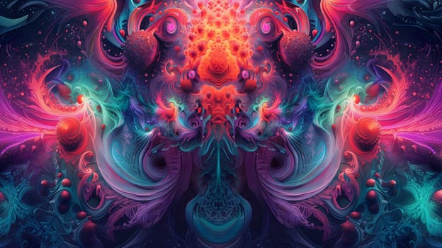 Saturated colorful mad abstract background, random different shapes and objects, hallucinations of ancient shaman after mushroom overdose. Neural network generated image. Not based on any actual scene or pattern.