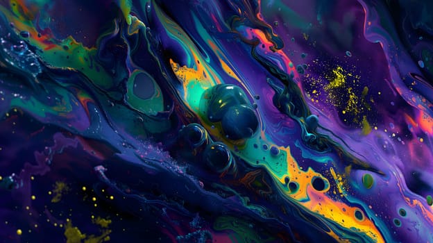 Saturated colorful mad abstract background, random different shapes and objects, hallucinations of ancient shaman after mushroom overdose. Neural network generated image. Not based on any actual scene or pattern.