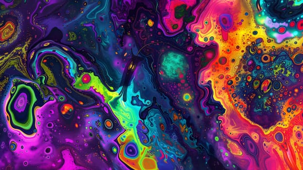 Saturated colorful mad abstract background, random different shapes and objects, hallucinations of ancient shaman after mushroom overdose. Neural network generated image. Not based on any actual scene or pattern.