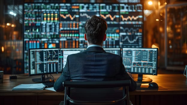 Back view of a financial analyst day trader working on computer with many screens that shows real-time stock data. Neural network generated image. Not based on any actual scene or pattern.