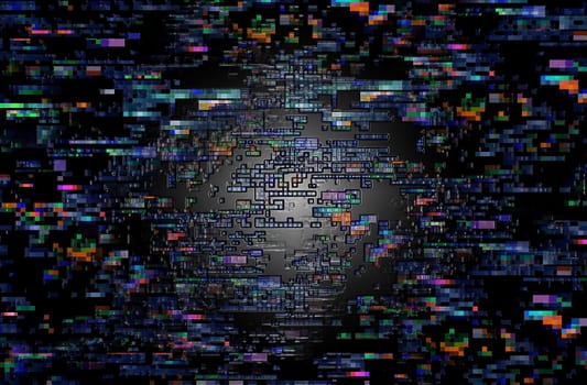 Colorful pixels with illuminated digital center close-up
