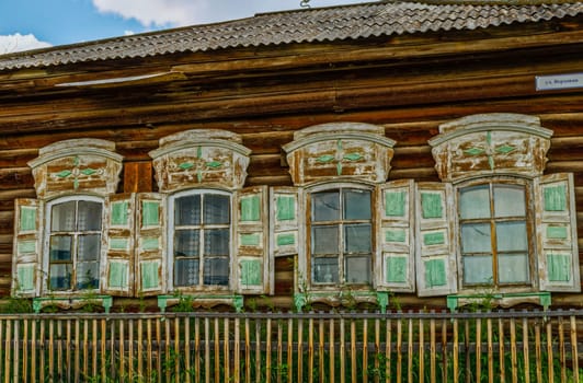 A sample of wooden architecture in the Baikal village. Wood construction.