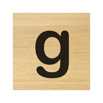 A lower case g wood block on white with clipping path
