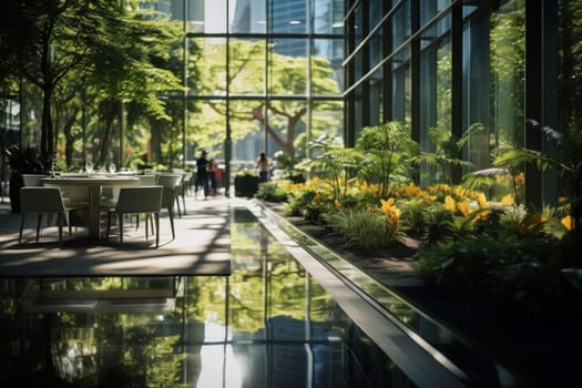 Corporate luxury modern interior. Business open space. Hotel lobby. Business modern glass company office building. High glass walls. Green interior with many plants. Contemporary building