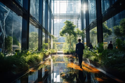 Corporate luxury modern interior. Business open space. Hotel lobby. Business people walking in modern glass company office building. High glass walls. Green interior with many plants. Contemporary building