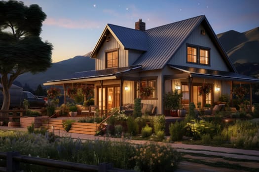 Small house with solar panels near the mountains. Holiday lodge close to nature. Summer holiday cottage with garden. Exterior of real estate. Travel accommodation. Summer vacation destination