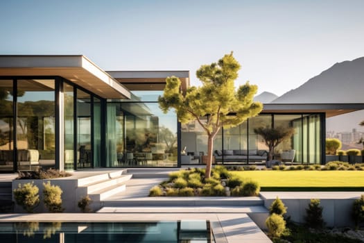 Luxury hotel. Contemporary modern house. Exterior of real estate. Holiday villa with garden. Business resort. Hotel lounge. Glass house. Travel summer vacation destination