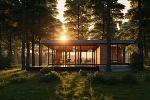 Self-sustainable intelligent house. Autonomous cabin. Futuristic architecture. Nomadic lifestyle. Solar powered building. Modern vacation. Energy efficient house. Remote work. Slow living