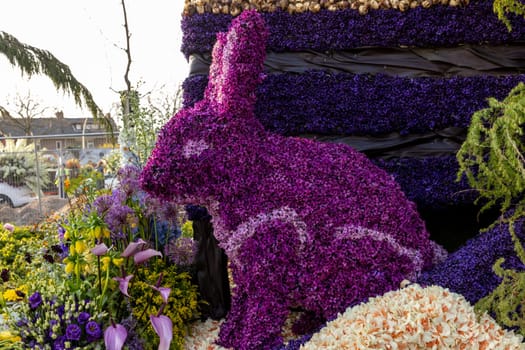 Noordwijkerhout, Netherlands - April 21, 2023: Rabbit made of hyacinths presented before the evening illuminated Flower Parade Bollenstreek in Noordwijkerhout