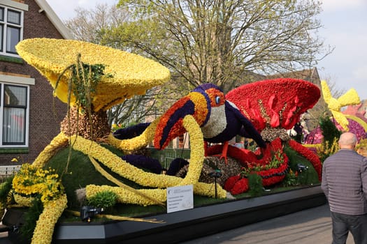 Noordwijkerhout, Netherlands - April 21, 2023: Flowers floats prepared for the evening illuminated Flower Parade Bollenstreek in Noordwijkerhout