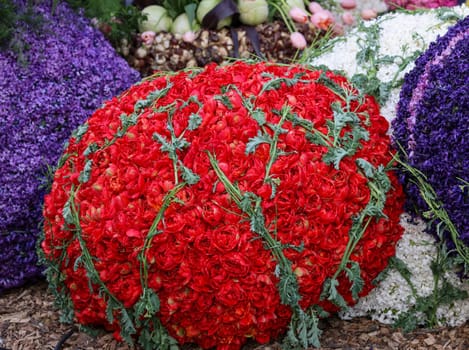 Noordwijkerhout, Netherlands - April 21, 2023: Decorations made of tulips and hyacinths presented before the evening illuminated Flower Parade Bollenstreek