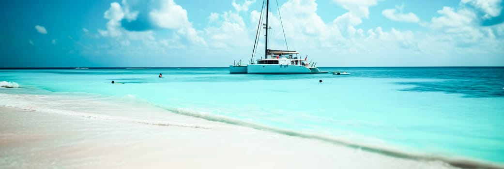 Catamaran in turquoise waters under a blue sky, people enjoying the sea. Copy space.travel and tourism advertising