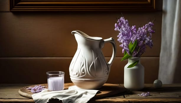 a jug of milk on a wooden table. lilac.rustic style. generative AI