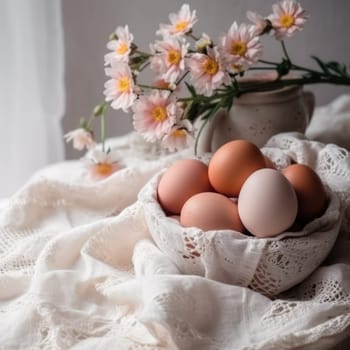 Congratulatory Easter background. Easter eggs on a white tablecloth and flowers in a vase.Generative AI