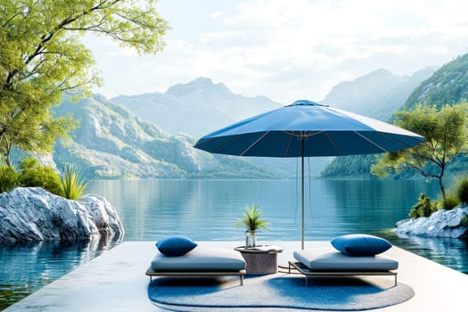An opulent outdoor lounge overlooking a serene lake and mountains at dawn.for luxury travel and real estate.