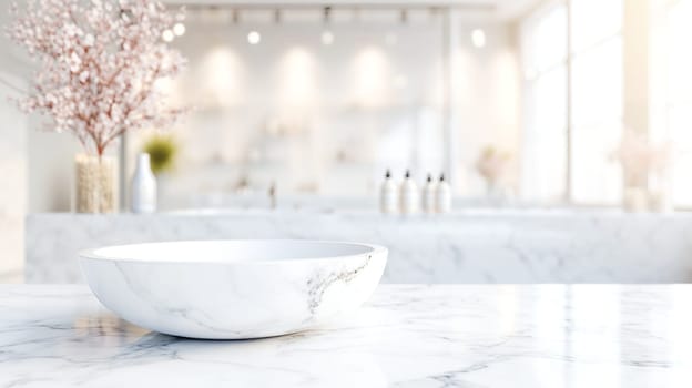 A pristine, white marble bathroom with a large basin and soft lighting, suggesting luxury and cleanliness.