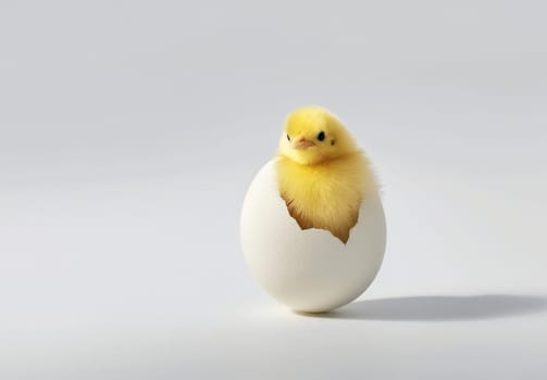 small yellow chicken in a shell on a light background. postcard with copy space, easter concept.
