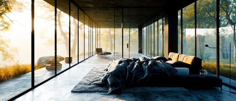A modern bedroom featuring a panoramic view of a misty forest during sunrise, with minimalistic furniture.