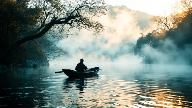 A lone figure rows a boat on a serene, mist-covered lake flanked by trees.