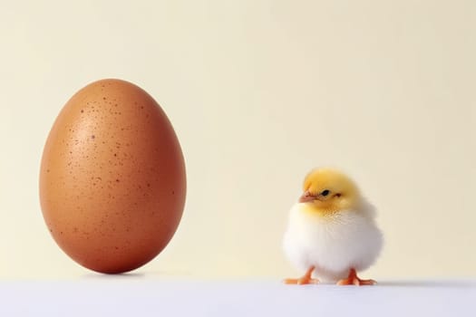 small yellow chicken in a shell on a light background. postcard with copy space, easter concept.