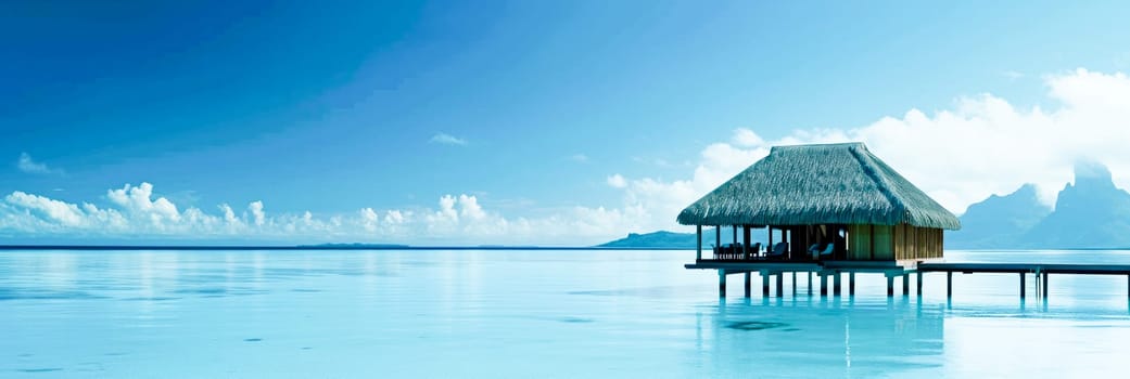 A lone overwater bungalow in a tranquil seaside location, evoking a sense of peaceful isolation and luxury.for travel and holiday brochures, luxury travel blogs and loneliness articles.