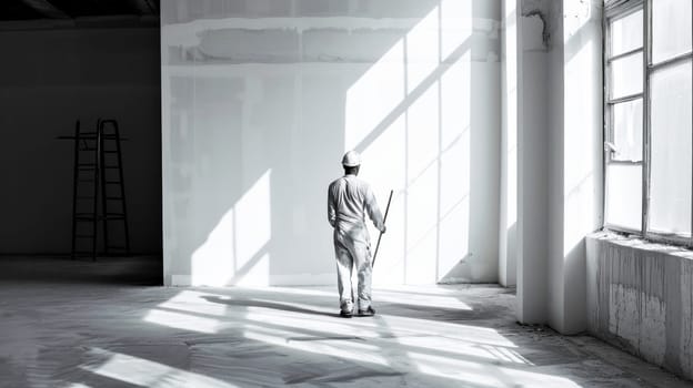 A construction worker in protective gear stands thoughtfully in a bright, sunlit, empty room with large windows.