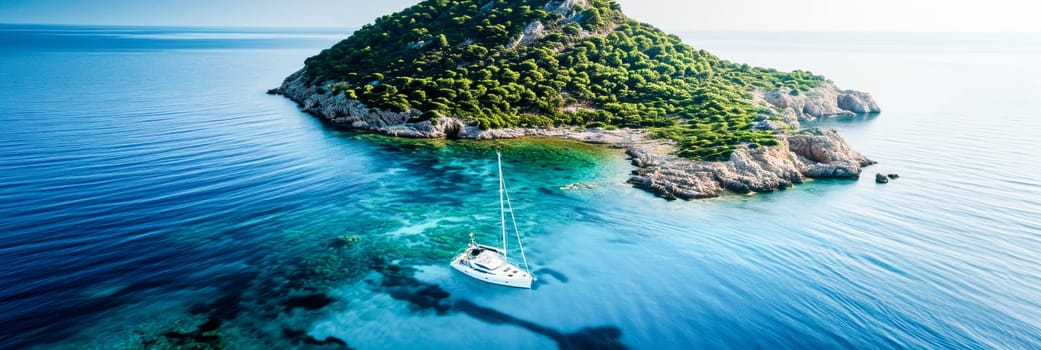 A solitary yacht anchored near a lush, secluded island, embodies tranquility and seclusion. travel and leisure magazines, holiday resort advertisements, or as a serene desktop wallpaper.