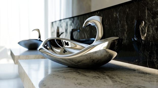 a design of bathroom faucet, modern style.A contemporary chrome faucet with a sleek design set against a marble backdrop, reflecting luxury.