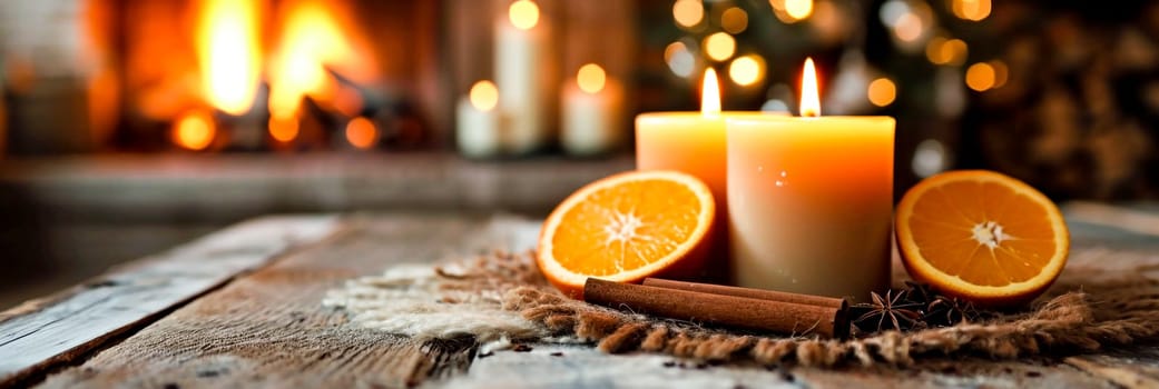 Warm candlelit atmosphere with cinnamon, oranges, creating a cozy atmosphere.