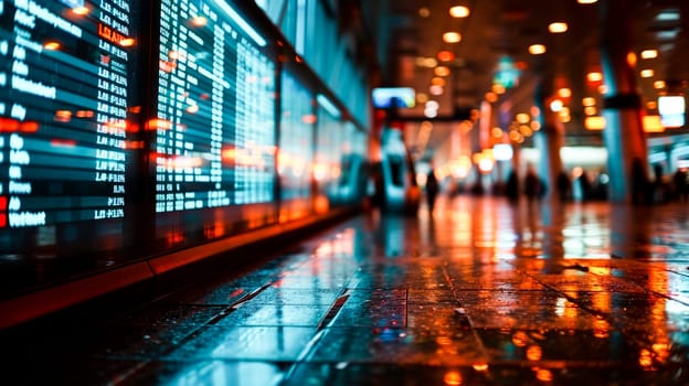 Blurred image of an airport flight information board with foreground focus and passengers in the distance.