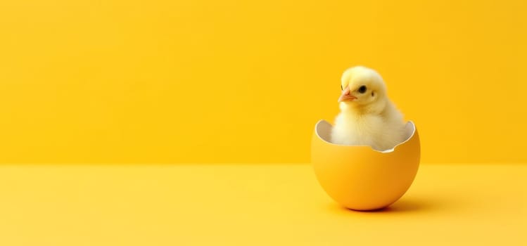 small yellow chicken in a shell on a yellow background. postcard with copy space, easter concept.