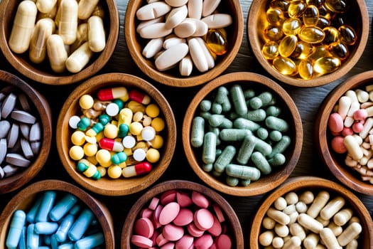 A close-up view of various dietary supplements and vitamins in capsule and tablet forms.