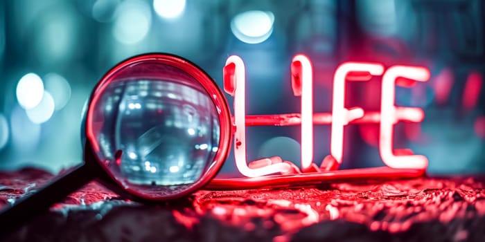A magnifying glass focuses on the neon word LIFE, with a bokeh background. Copy space.