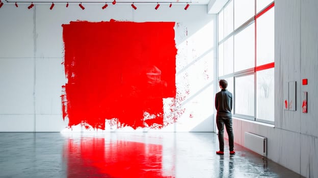 A man looks at a massive wall painted red in a bright white gallery space, which evokes a contemplative mood.