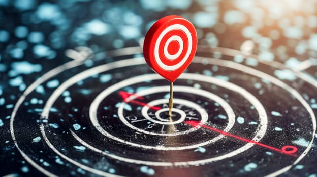 A dart pinned to the center of a bullseye, with a cool blue-toned abstract background.