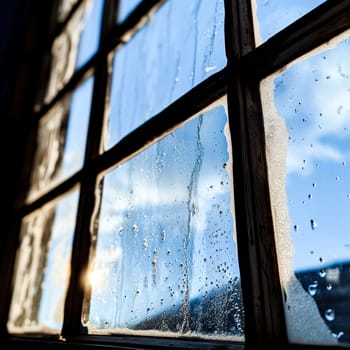 Close-up of a window pane with raindrops, sun shining through, suggesting a fresh start or cleansing. Copy space