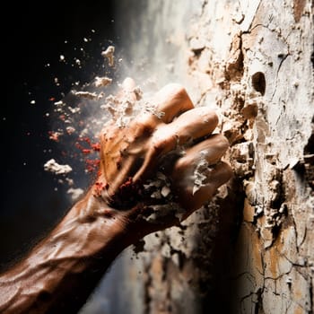 A dynamic close-up of a chalked hand gripping a rugged surface, expressing power and determination.