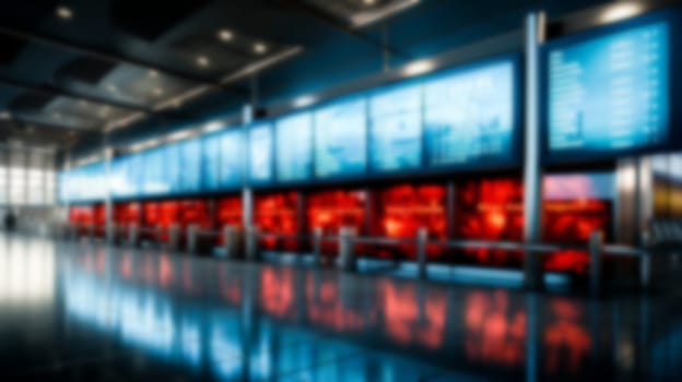 Out of focus image of an airport departure board with red highlights. Copy space.