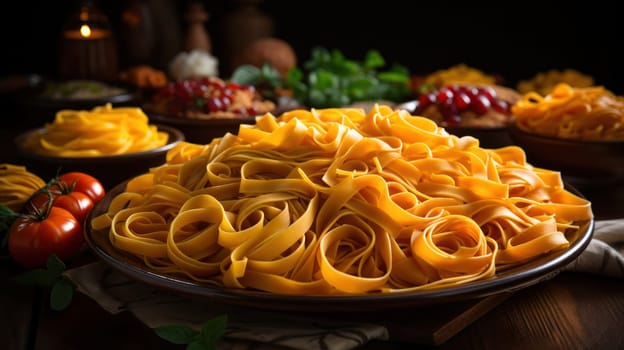 A generous plate of fresh fettuccine pasta, with a rustic and homely backdrop featuring tomatoes and herbs.