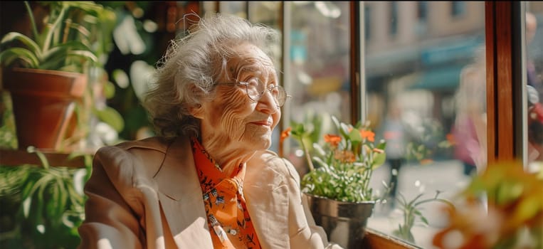An elderly woman smiles tenderly in the sunlight by a window with plants. Copy space.dignified aging, lifestyle of older people.