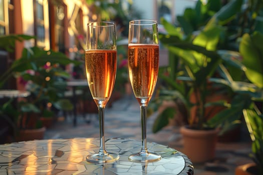 2 drinks on backyard table in summer evokes relaxation, freshness, happiness atmosphere signifies relaxation, warmth and joy of sharing with loved ones in a welcoming space contributing to happiness.