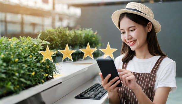 Close up of woman customer giving a five star rating on smartphone. Review, Service rating, satisfaction, Customer service experience and satisfaction survey concept