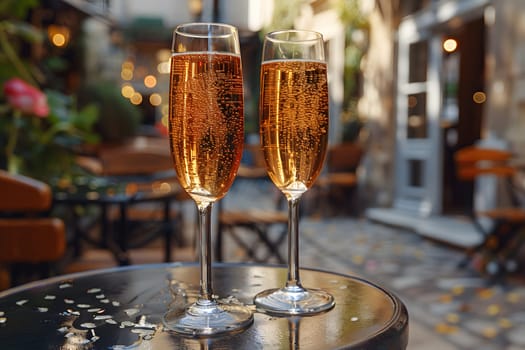 2 drinks on backyard table in summer evokes relaxation, freshness, happiness atmosphere signifies relaxation, warmth and joy of sharing with loved ones in a welcoming space contributing to happiness.