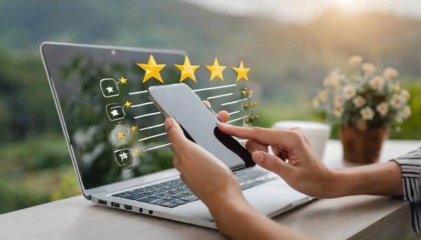Close up of woman customer giving a five star rating on smartphone. Review, Service rating, satisfaction, Customer service experience and satisfaction survey concept